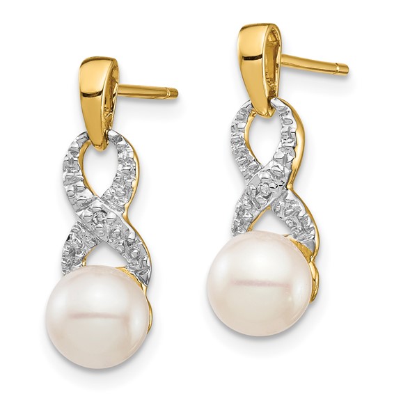 14k 6-7mm White Round Freshwater Cultured Pearl and .01 carat Diamond Ribbon Dangle Post Earrings