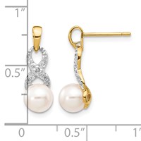 14K Yellow Gold 6-7mm White Round Freshwater Cultured Pearl and.01 Carat Diamond Ribbon Dangle Post Earrings view 4