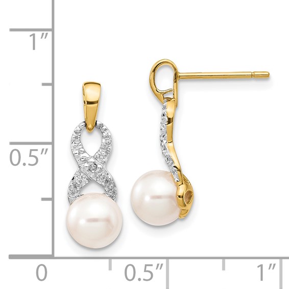 14k 6-7mm White Round Freshwater Cultured Pearl and .01 carat Diamond Ribbon Dangle Post Earrings
