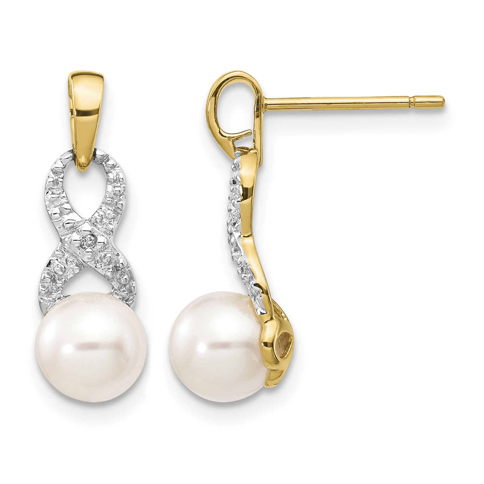 14k 6-7mm White Round FWC Pearl .01 Diamond Dangle Earrings (XE2495AA)