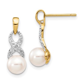 14k 6-7mm White Round Freshwater Cultured Pearl and .01 carat Diamond Ribbon Dangle Post Earrings