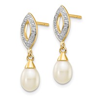 14K Yellow Gold 7x 5mm White Teardrop Freshwater Cultured Pearl and.01 Carat Diamond Dangle Post Earrings view 2