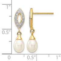 14K Yellow Gold 7x 5mm White Teardrop Freshwater Cultured Pearl and.01 Carat Diamond Dangle Post Earrings view 4