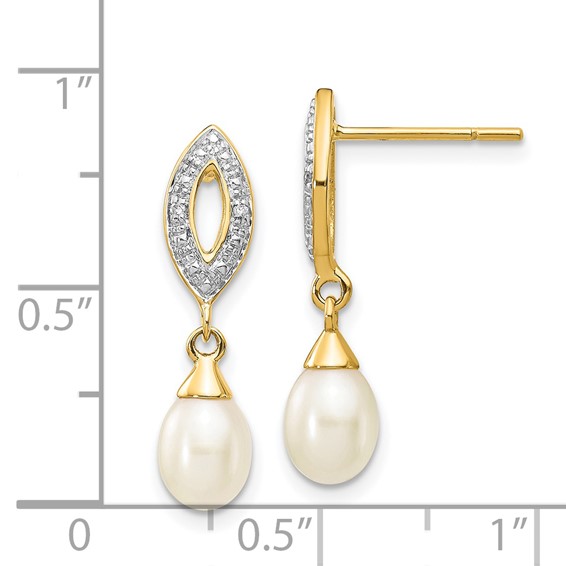 14k 7x5mm White Teardrop Freshwater Cultured Pearl and .01 carat Diamond Dangle Post Earrings