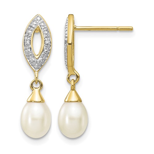 14K Yellow Gold 7x 5mm White Teardrop Freshwater Cultured Pearl and.01 Carat Diamond Dangle Post Earrings