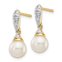 14K Yellow Gold 6-7mm White Round Freshwater Cultured Pearl and.08 Carat Diamond Dangle Post Earrings view 2