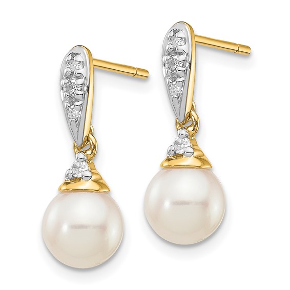 14k 6-7mm White Round Freshwater Cultured Pearl and .08 carat Diamond Dangle Post Earrings