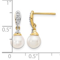 14K Yellow Gold 6-7mm White Round Freshwater Cultured Pearl and.08 Carat Diamond Dangle Post Earrings view 4