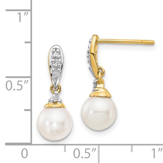 14k 6-7mm White Round Freshwater Cultured Pearl and .08 carat Diamond Dangle Post Earrings