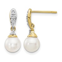 14K Yellow Gold 6-7mm White Round Freshwater Cultured Pearl and.08 Carat Diamond Dangle Post Earrings view 1