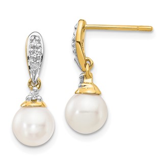 14k 6-7mm White Round Freshwater Cultured Pearl and .08 carat Diamond Dangle Post Earrings