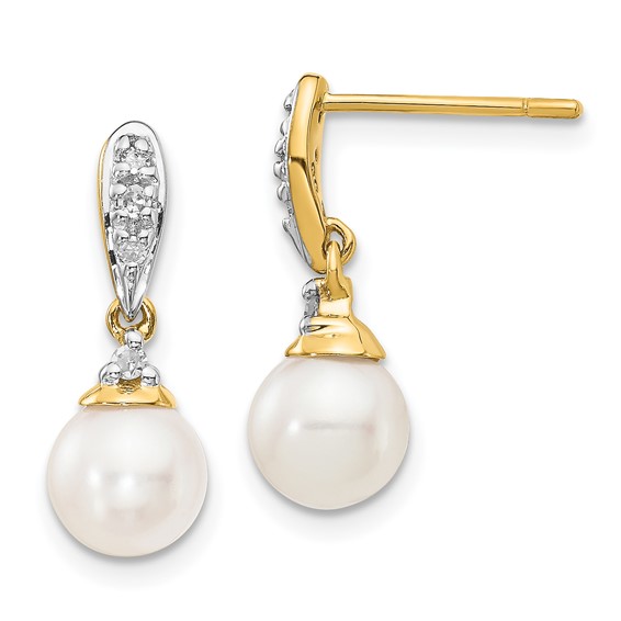 14k 6-7mm White Round Freshwater Cultured Pearl and .08 carat Diamond Dangle Post Earrings