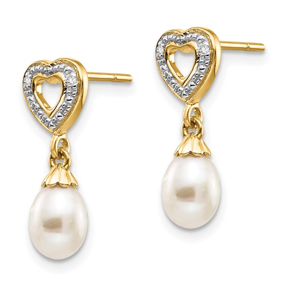 14k 7x5mm White Teardrop Freshwater Cultured Pearl and .01 carat Diamond Heart Dangle Post Earrings
