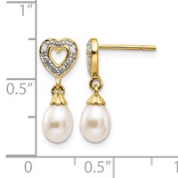 14K Yellow Gold 7x 5mm White Teardrop Freshwater Cultured Pearl and.01 Carat Diamond Heart Dangle Post Earrings view 4