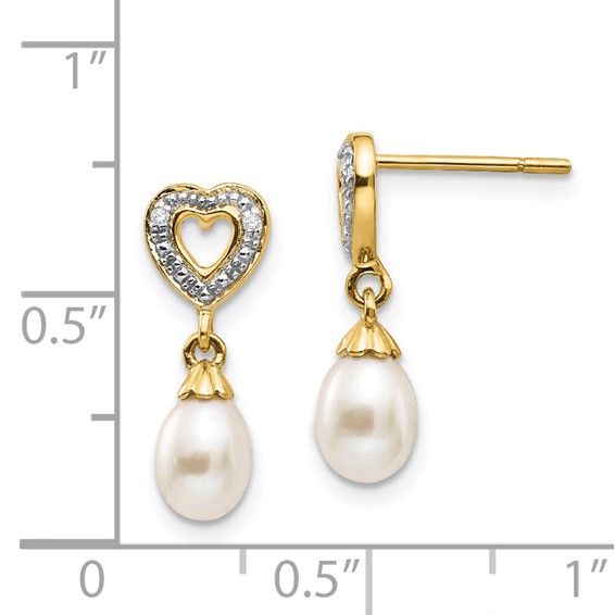 14k 7x5mm White Teardrop Freshwater Cultured Pearl and .01 carat Diamond Heart Dangle Post Earrings