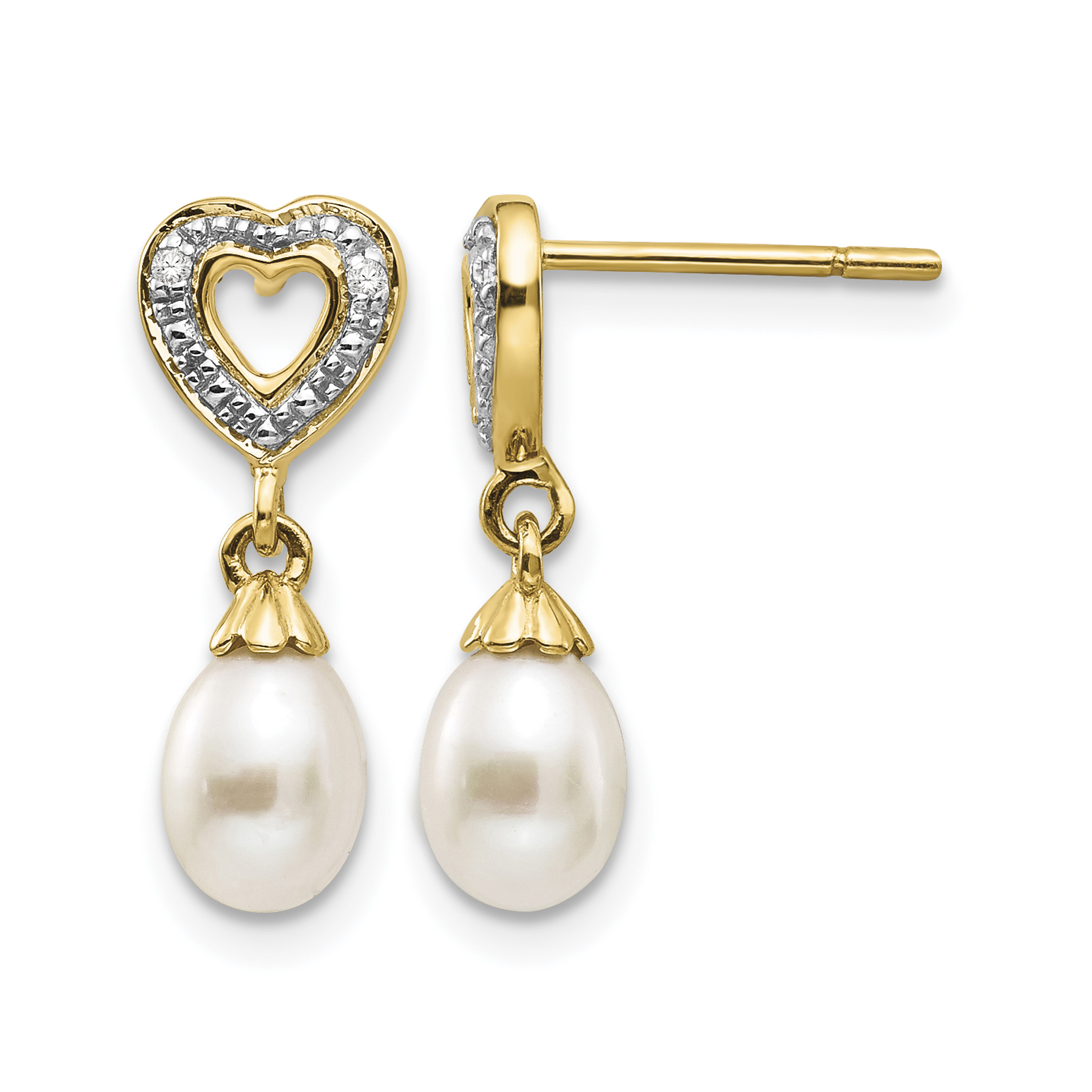 14k 7x5mm Teardrop FWC Pearl .01ct Heart Diamond Dangle Earrings (XE2498AA)