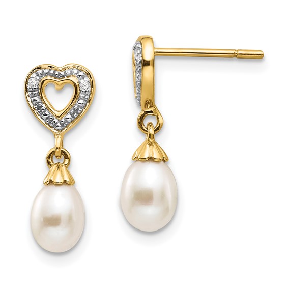 14k 7x5mm White Teardrop Freshwater Cultured Pearl and .01 carat Diamond Heart Dangle Post Earrings