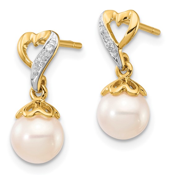 14k 6-7mm White Round Freshwater Cultured Pearl and .01 carat Diamond Heart Dangle Post Earrings