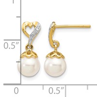 14K Yellow Gold 6-7mm White Round Freshwater Cultured Pearl and.01 Carat Diamond Heart Dangle Post Earrings view 4