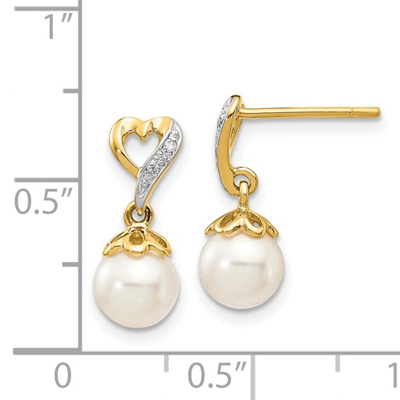 14k 6-7mm White Round Freshwater Cultured Pearl and .01 carat Diamond Heart Dangle Post Earrings