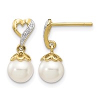 14K Yellow Gold 6-7mm White Round Freshwater Cultured Pearl and.01 Carat Diamond Heart Dangle Post Earrings view 1