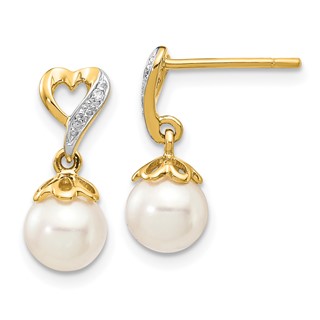 14k 6-7mm White Round Freshwater Cultured Pearl and .01 carat Diamond Heart Dangle Post Earrings