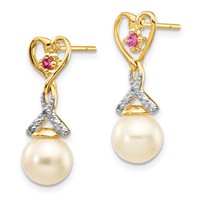 14K Yellow Gold 7-8mm White Round Freshwater Cultured Pearl Lab Created Ruby.01 Carat Diamond Heart Dangle Post Earrings view 2