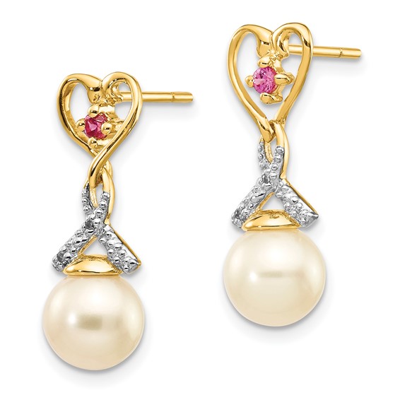 14k 7-8mm White Round Freshwater Cultured Pearl/Lab Created Ruby/.01 carat Diamond Heart Dangle Post Earrings