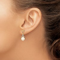 14K Yellow Gold 7-8mm White Round Freshwater Cultured Pearl Lab Created Ruby.01 Carat Diamond Heart Dangle Post Earrings view 3