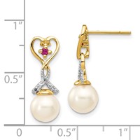14K Yellow Gold 7-8mm White Round Freshwater Cultured Pearl Lab Created Ruby.01 Carat Diamond Heart Dangle Post Earrings view 4