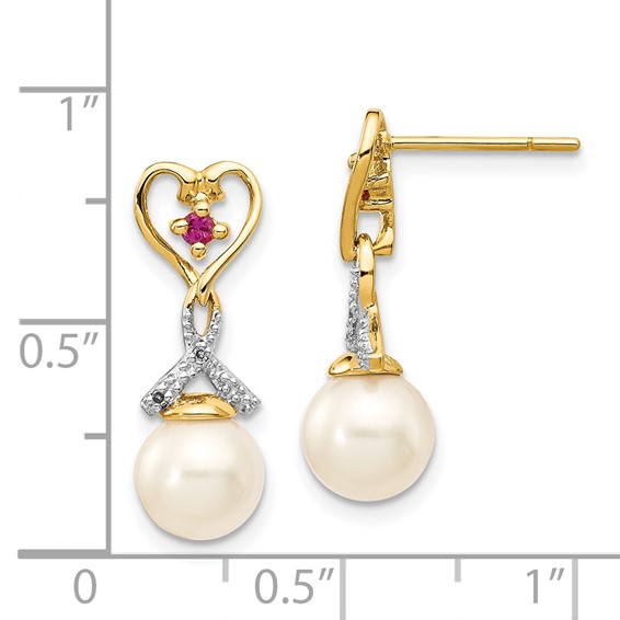 14k 7-8mm White Round Freshwater Cultured Pearl/Lab Created Ruby/.01 carat Diamond Heart Dangle Post Earrings