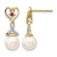 14K Yellow Gold 7-8mm White Round Freshwater Cultured Pearl Lab Created Ruby.01 Carat Diamond Heart Dangle Post Earrings view 1