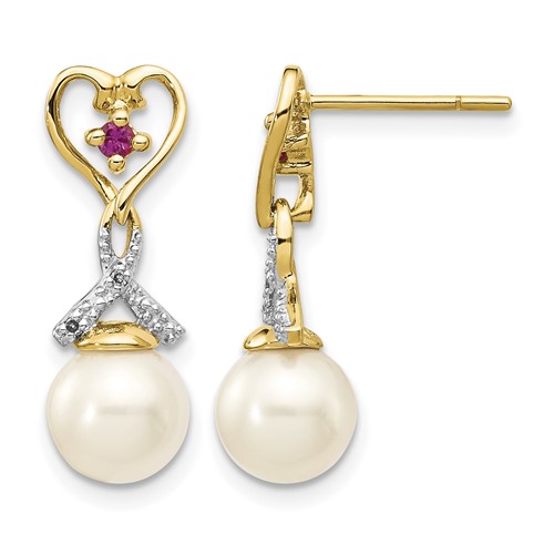 14K Yellow Gold 7-8mm White Round Freshwater Cultured Pearl Lab Created Ruby.01 Carat Diamond Heart Dangle Post Earrings