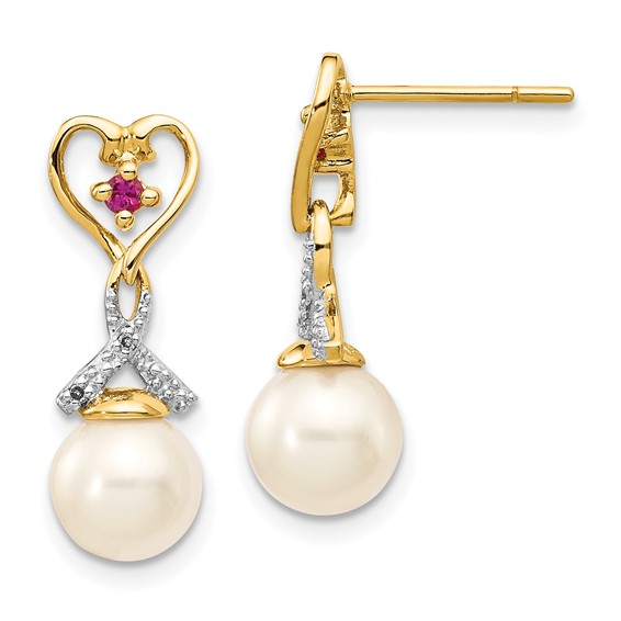 14k 7-8mm White Round Freshwater Cultured Pearl/Lab Created Ruby/.01 carat Diamond Heart Dangle Post Earrings