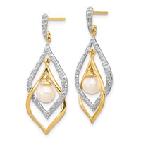 14K Yellow Gold 5-6mm White Round Freshwater Cultured Pearl and.02 Carat Diamond Dangle Post Earrings view 2