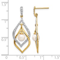 14K Yellow Gold 5-6mm White Round Freshwater Cultured Pearl and.02 Carat Diamond Dangle Post Earrings view 4