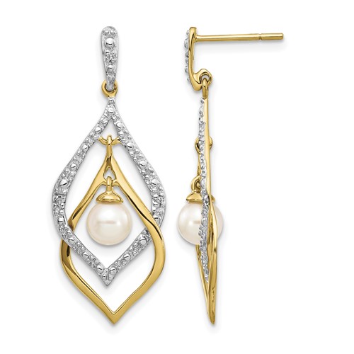 14K Yellow Gold 5-6mm White Round Freshwater Cultured Pearl and.02 Carat Diamond Dangle Post Earrings