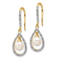 14K Yellow Gold 6-7mm White Round Freshwater Cultured Pearl and.02 Carat Diamond Shepherd Hook Dangle Earrings view 2