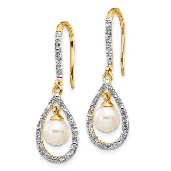 14k 6-7mm White Round Freshwater Cultured Pearl and .02 carat Diamond Shepherd Hook Dangle Earrings