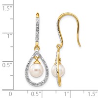 14K Yellow Gold 6-7mm White Round Freshwater Cultured Pearl and.02 Carat Diamond Shepherd Hook Dangle Earrings view 4