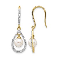 14K Yellow Gold 6-7mm White Round Freshwater Cultured Pearl and.02 Carat Diamond Shepherd Hook Dangle Earrings view 1