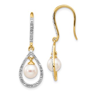 14k 6-7mm White Round Freshwater Cultured Pearl and .02 carat Diamond Shepherd Hook Dangle Earrings