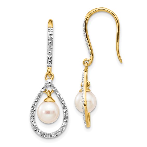 14k 6-7mm White Round Freshwater Cultured Pearl and .02 carat Diamond Shepherd Hook Dangle Earrings
