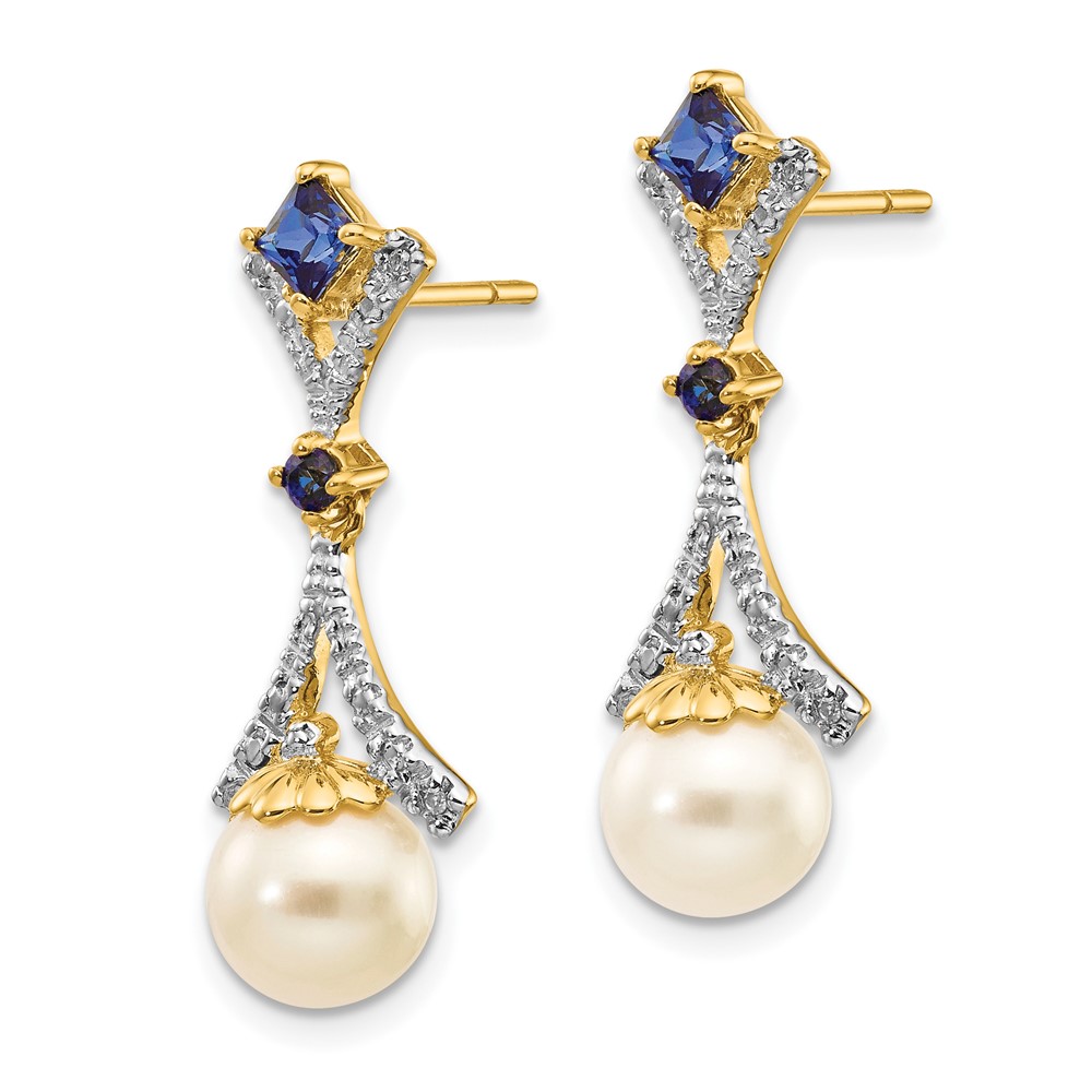 14k 7-8mm FWC Pearl Created Sapphire Diamond Dangle Post Earrings (XE2513AA)