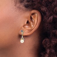 14K Yellow Gold 7-8mm White Round Freshwater Cultured Pearl Lab Created Sapphire.03 Carat Diamond Dangle Post Earrings view 3
