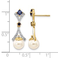 14K Yellow Gold 7-8mm White Round Freshwater Cultured Pearl Lab Created Sapphire.03 Carat Diamond Dangle Post Earrings view 4