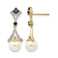 14K Yellow Gold 7-8mm White Round Freshwater Cultured Pearl Lab Created Sapphire.03 Carat Diamond Dangle Post Earrings view 1