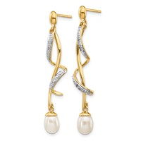 14K Yellow Gold 7x 5mm White Teardrop Freshwater Cultured Pearl and.01 Carat Diamond Dangle Post Earrings view 2