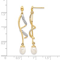 14K Yellow Gold 7x 5mm White Teardrop Freshwater Cultured Pearl and.01 Carat Diamond Dangle Post Earrings view 4