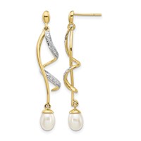 14K Yellow Gold 7x 5mm White Teardrop Freshwater Cultured Pearl and.01 Carat Diamond Dangle Post Earrings view 1
